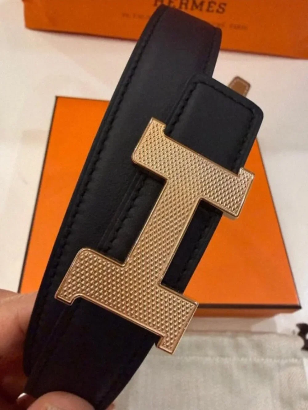 Hermès Black H Belt – 90cm, Gold Buckle with Original Box